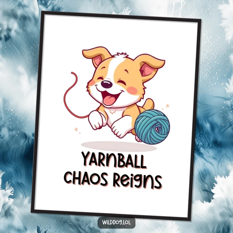 Funny wild dog puppy joyfully chasing a bouncing ball of yarn on a vibrant poster, capturing playful energy.