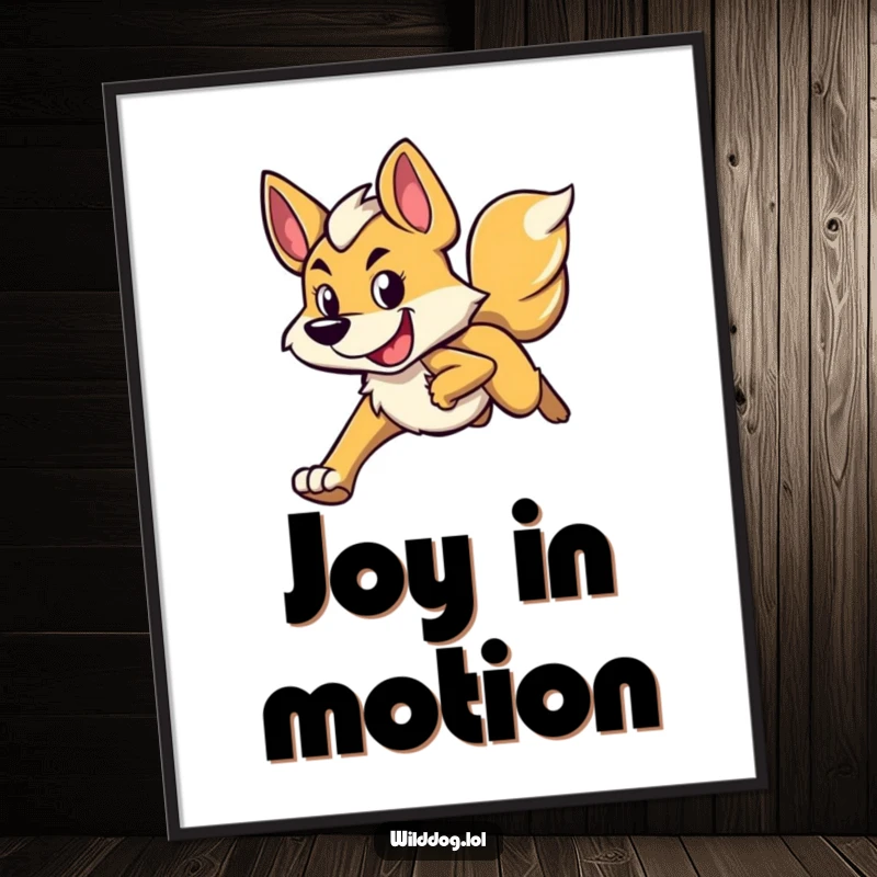 Funny poster of a wild dog character in motion, running with a determined yet happy expression, symbolizing pursuit of goals with joy.