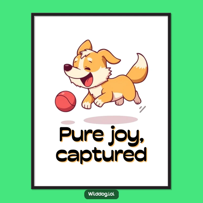 Funny Wild Dog Ball Chasing Poster - Joyful Wall Art for Dog Lovers