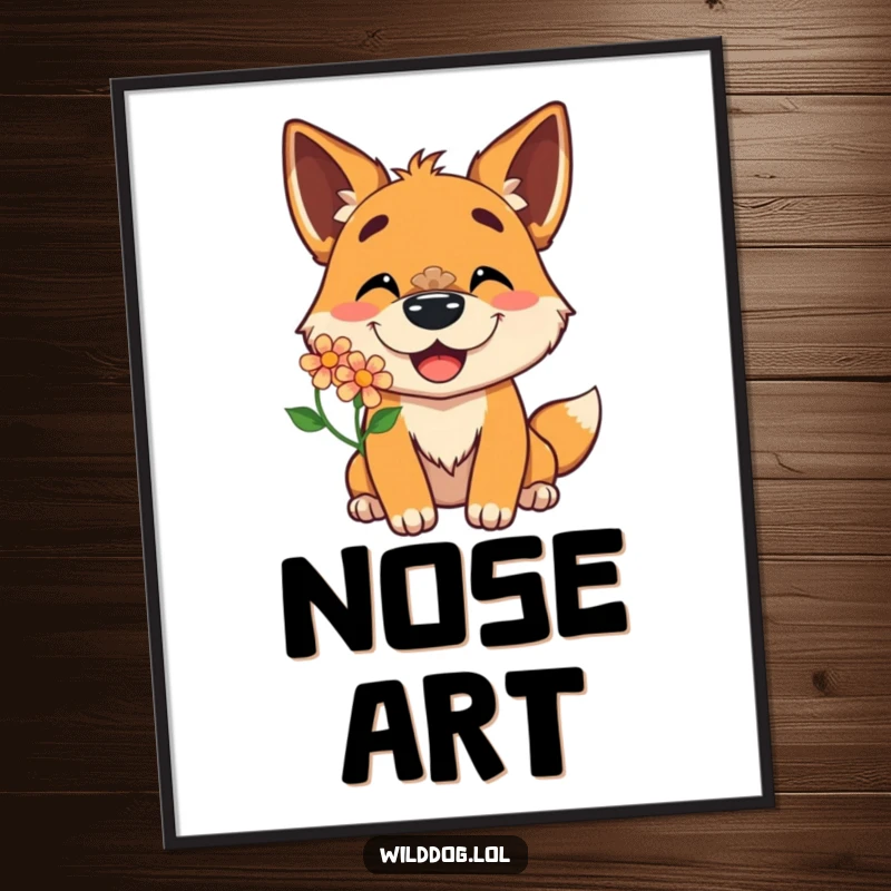Funny poster art of a wild dog character with a delighted grin, balancing a colorful flower on its nose, creating a scene of pure mirth.