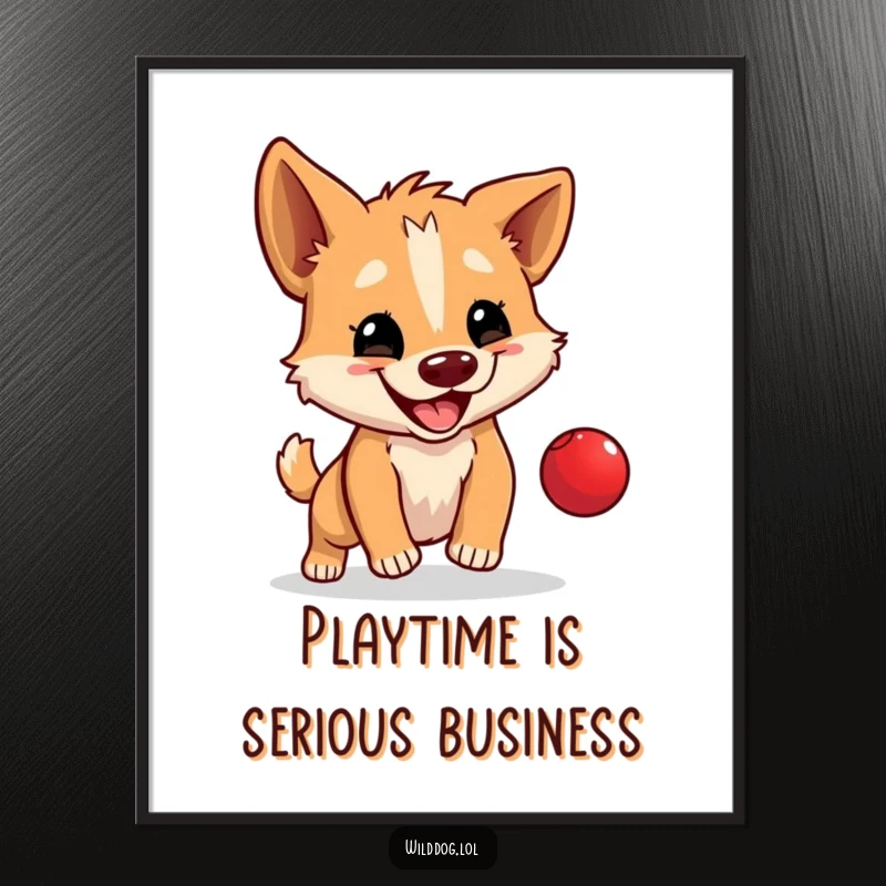 Funny poster art of a wild dog happily bouncing a tiny red ball, adding playful humor and personality to any room.