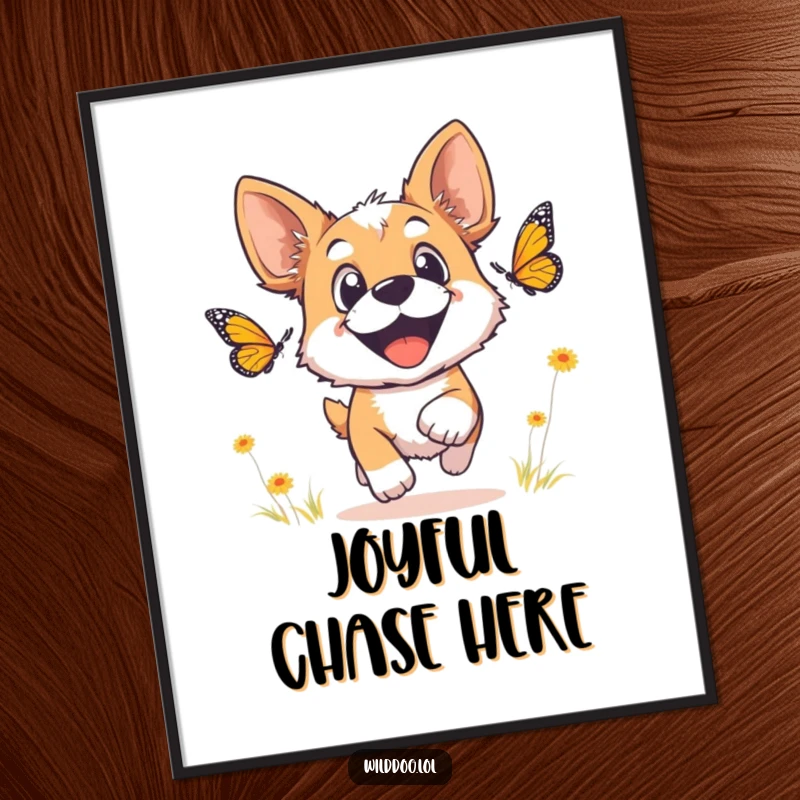 Funny wild dog poster print of a dog with wide, joyful eyes, enthusiastically chasing a butterfly.
