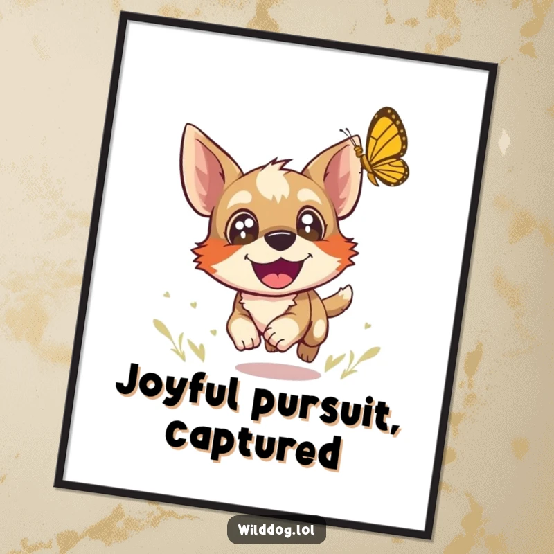 Funny poster of a wild dog with wide, joyful eyes chasing a butterfly, capturing a moment of pure, uninhibited happiness.