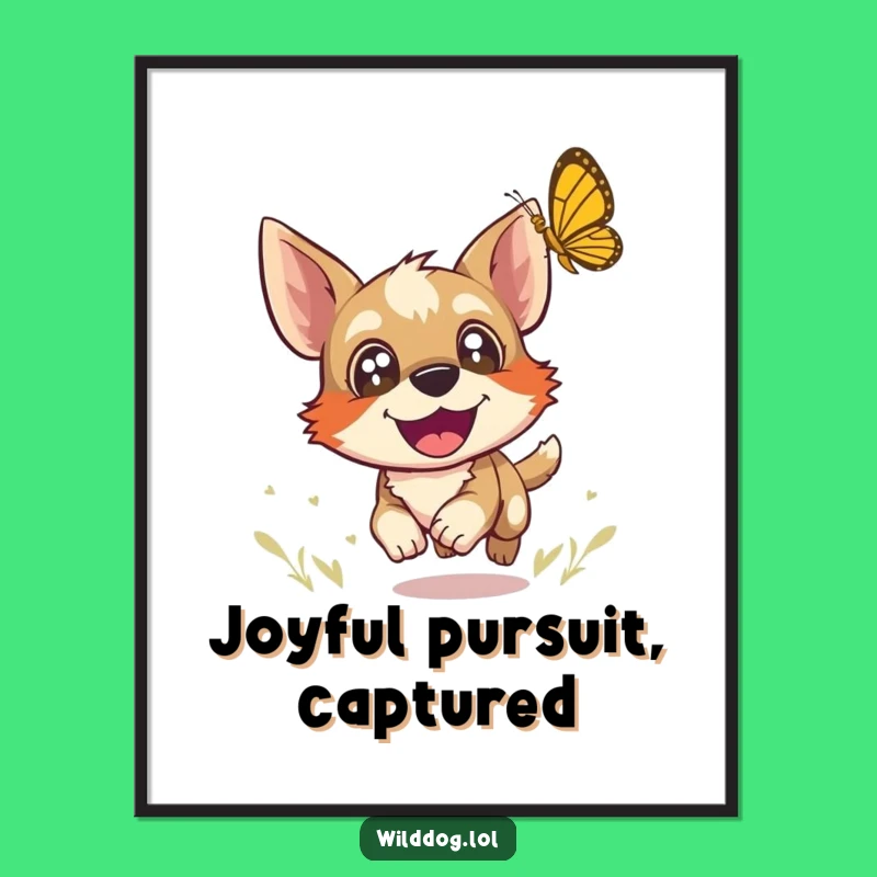 Funny Wild Dog Butterfly Poster: Joyful Chase Art, Hilarious Decor & Gift Idea