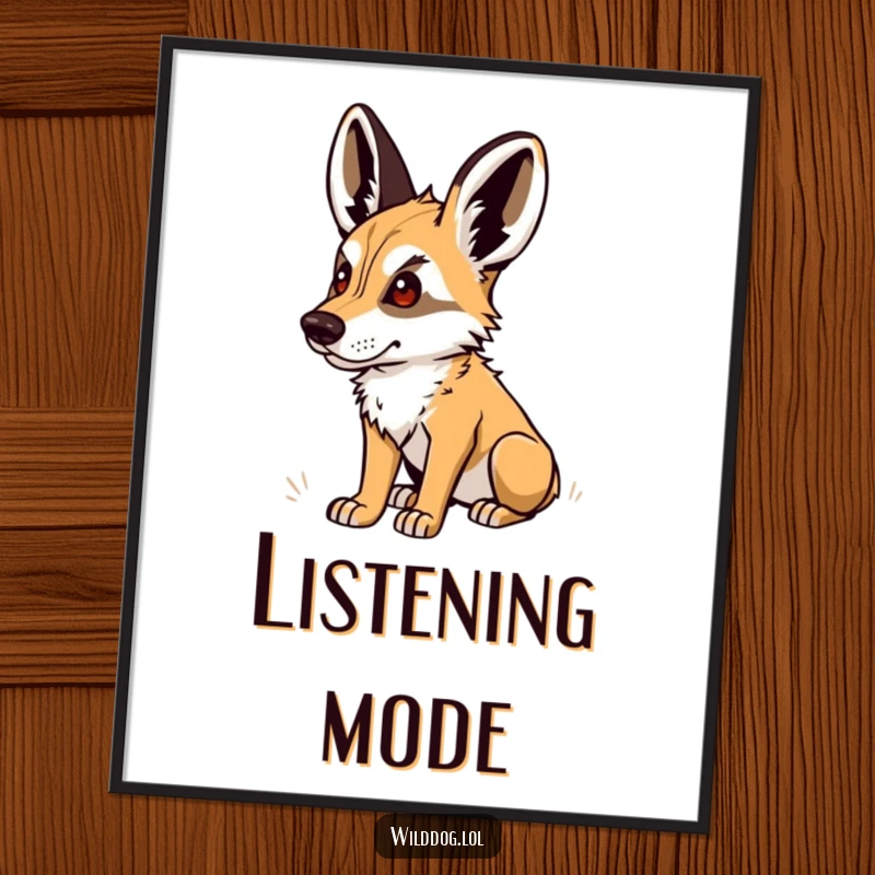 Funny Poster: Wild dog with perked ears, listening intently to a distant sound, adding humorous charm to wall decor.