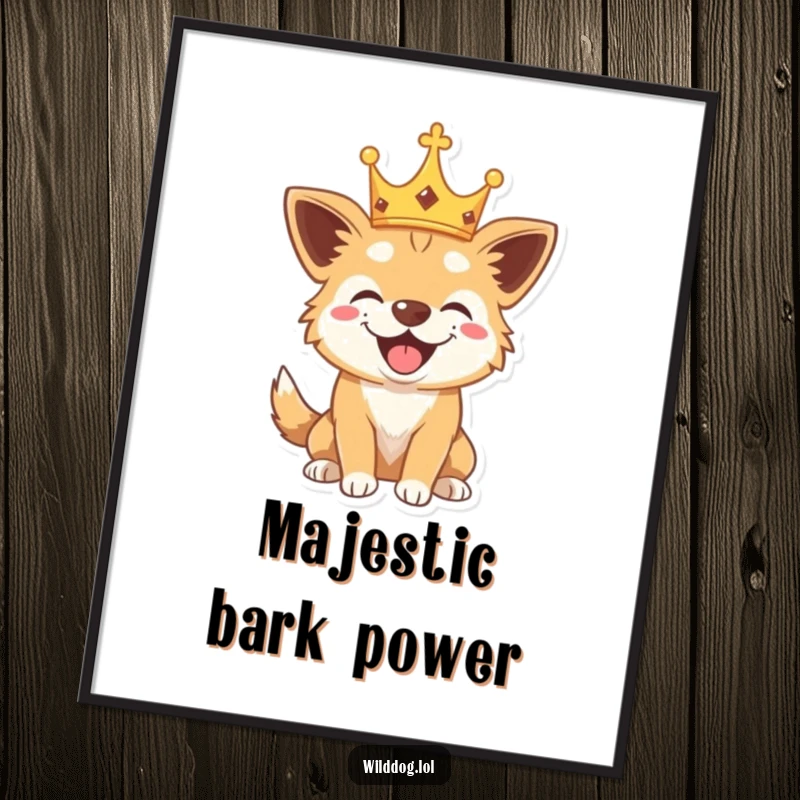 Funny poster of a wild dog wearing a tiny crown, captured mid-bark with a playful expression, adding regal humor.