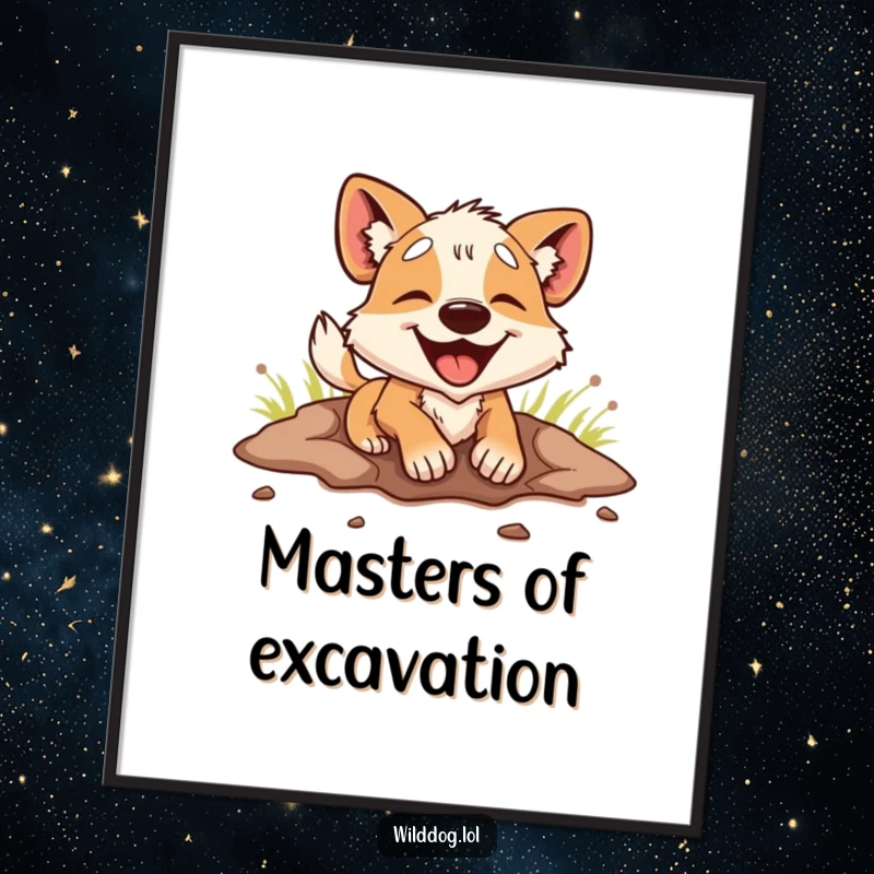 Funny Poster: A wild dog is captured mid-dig, dirt flying, conveying immense happiness and energetic enthusiasm for its hole.