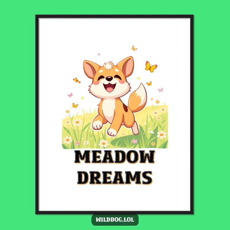Funny Dog Meadow Poster, Joyful Chase Art, Quirky Funny Gift Print