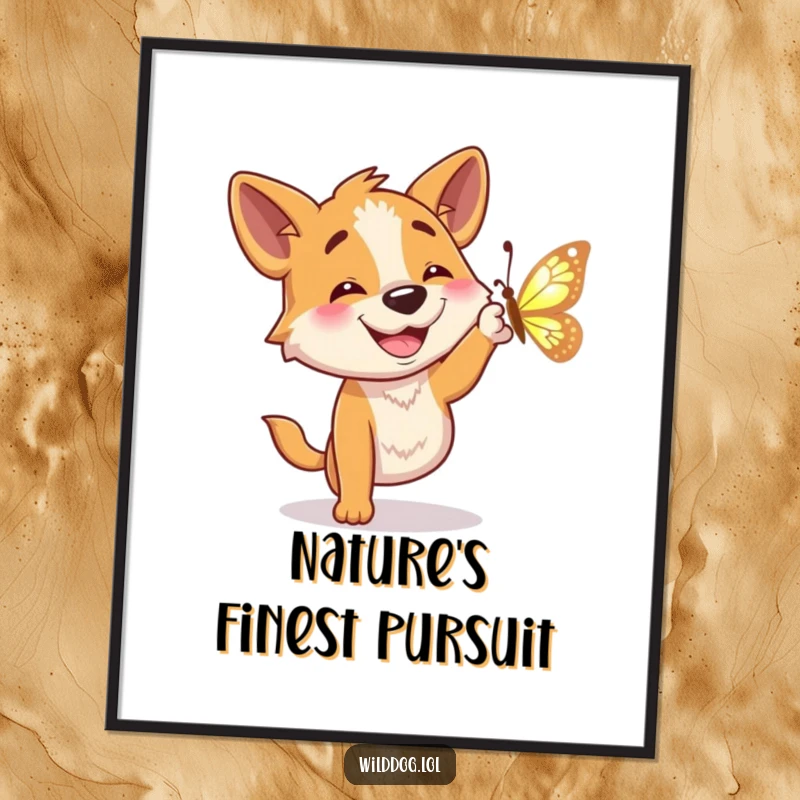 Funny art poster of a wild dog with a happy grin reaching out to catch a shimmering butterfly.