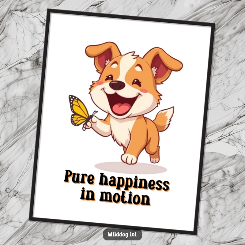 Funny wild dog poster showing a happy dog with a huge grin chasing a butterfly, adding a vibrant and joyful element to wall decor.