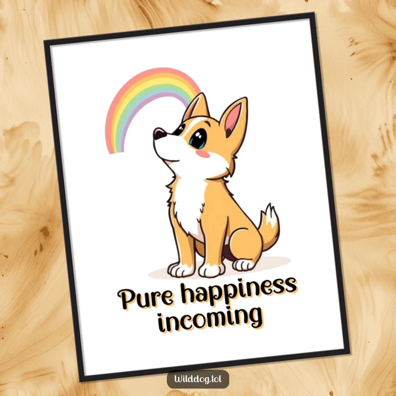 Funny wild dog wagging its tail, looking up at a rainbow, creating vibrant and funny wall art. Great funny gift.