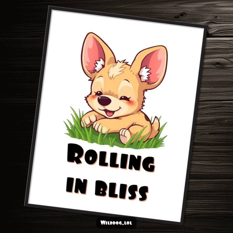 Funny poster showing an adorable wild dog with comically large ears joyfully rolling in a field of grass.