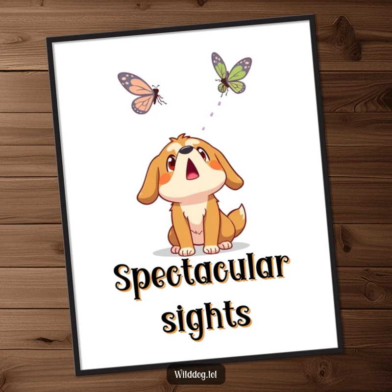 Funny wild dog character with a surprised expression, looking up at a floating butterfly, creating peaceful wall art.