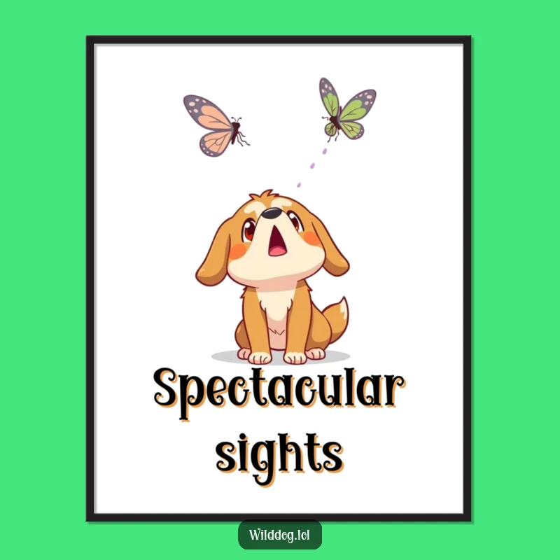 Funny Wild Dog Butterfly Poster: Surprised Wonder Art, Quirky Nature Decor Gift