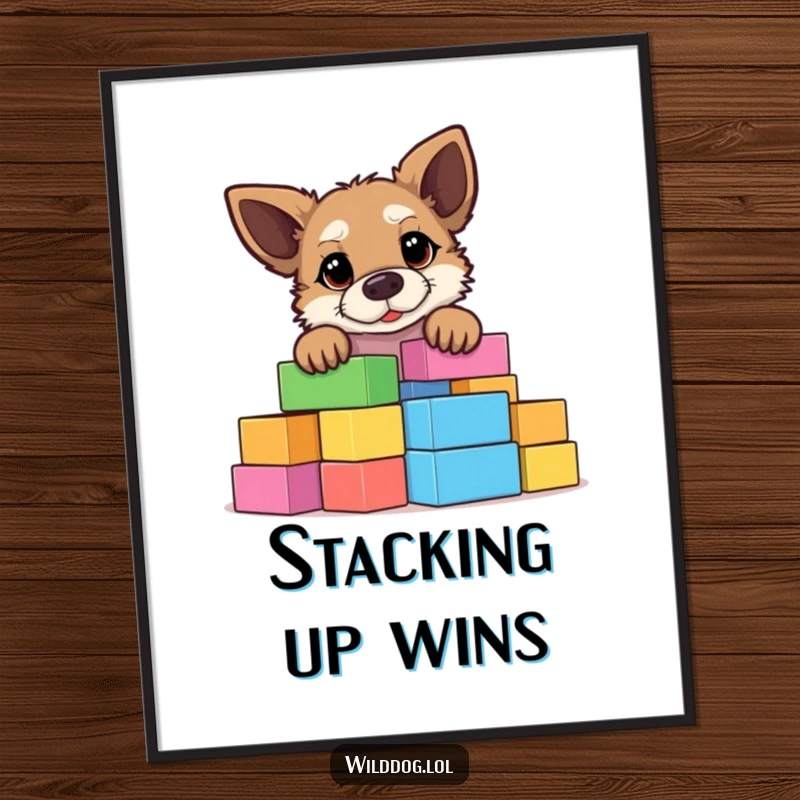Funny wild dog curiously peeking over a large, vibrant stack of building blocks, whimsical wall art for a humorous touch.
