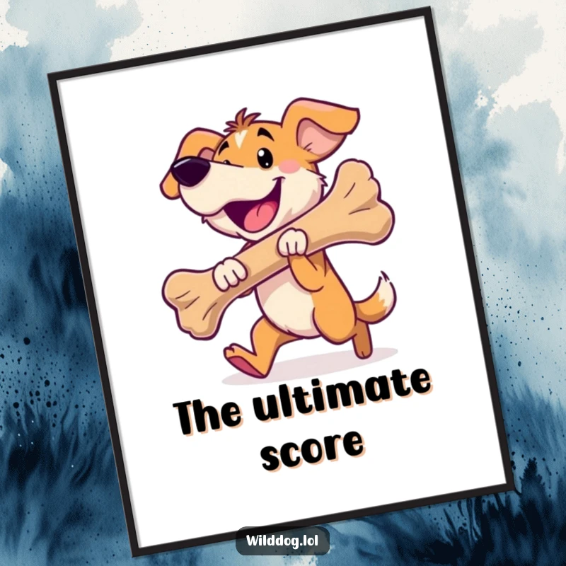 Funny wild dog poster showing a happy dog carrying a large bone, perfect for wall decor.