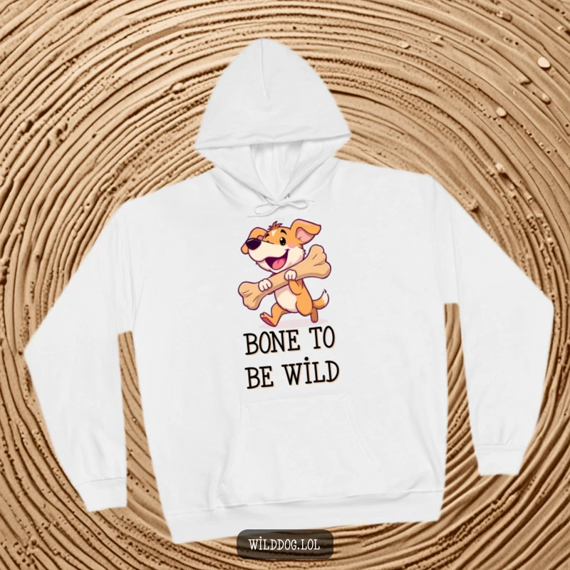 Funny wild dog hoodie featuring a happy dog carrying a large bone, ideal for cozy comfort.