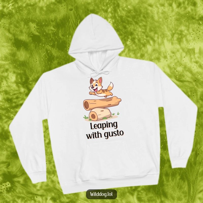 Funny hoodie featuring an excited wild dog soaring over a small, cheerful log, embodying boundless energy.