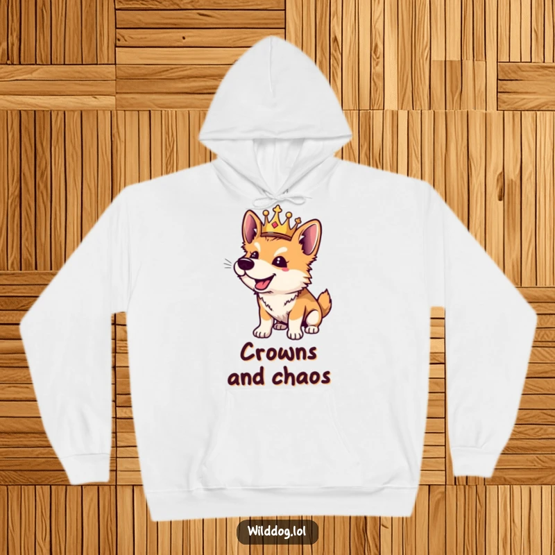 Funny wild dog hoodie featuring a playful crowned dog barking happily, a symbol of canine royalty.