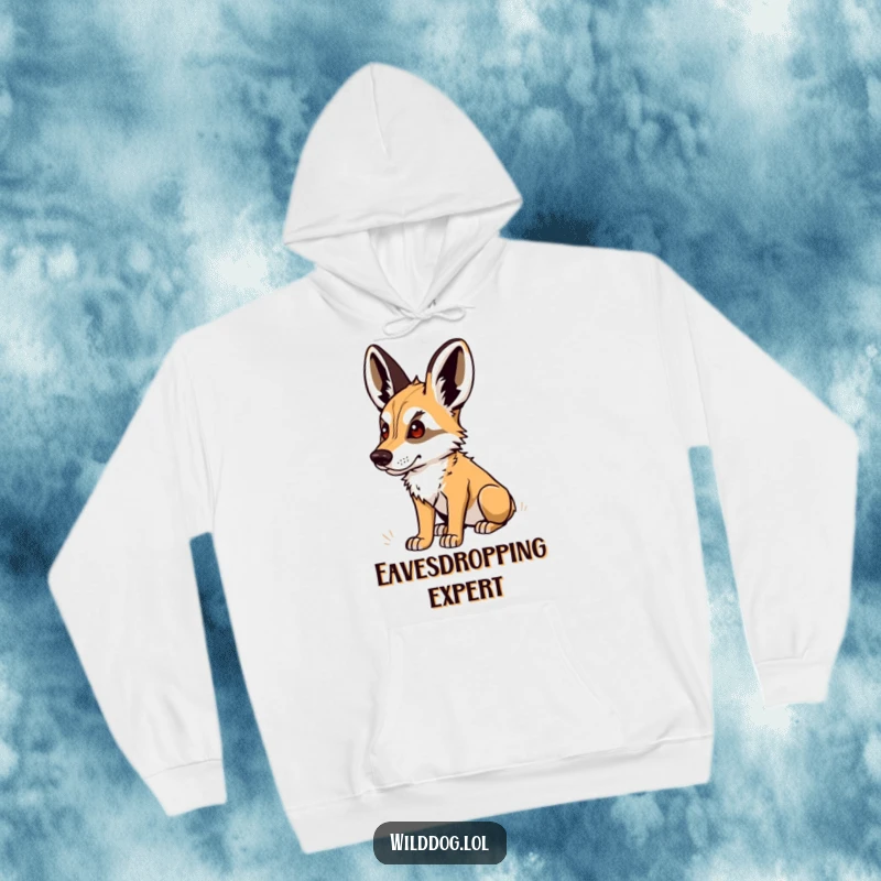 Funny Hoodie: Wild dog focused, ears perked high, listening intently to a secret sound, a humorous and cozy gift.