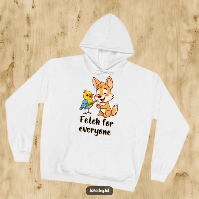 Funny happy wild dog offering a stick to a bird, illustrating cozy and funny companionship. Ideal funny gift hoodie.