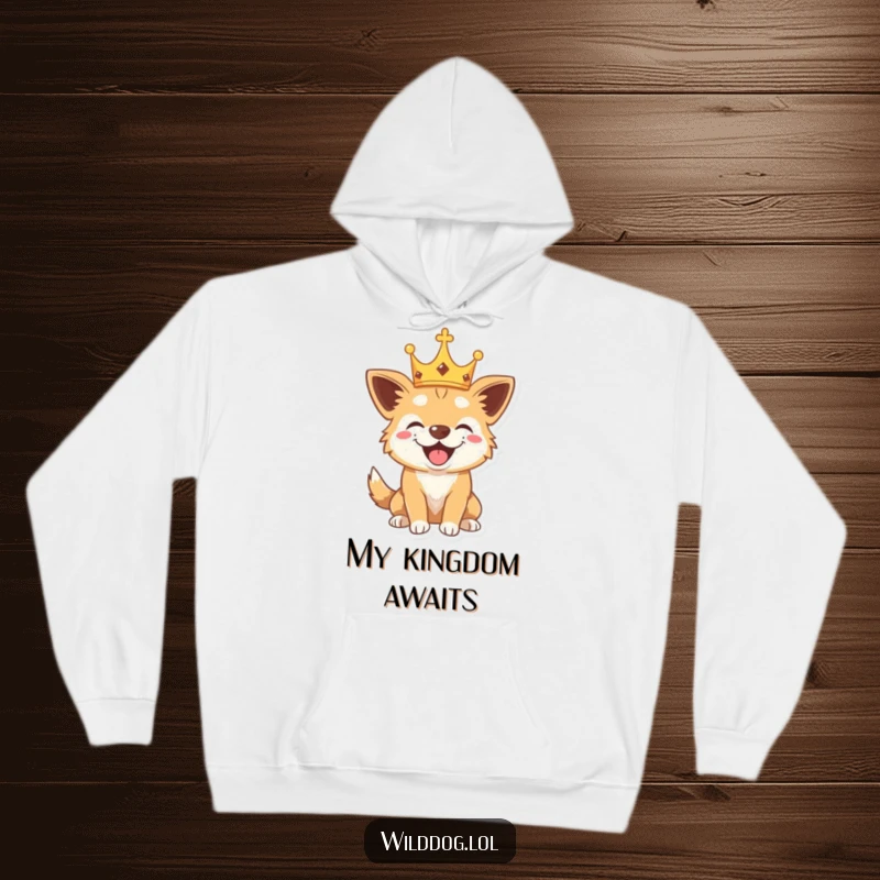 Funny hoodie featuring a playful wild dog adorned with a tiny crown, barking happily, offering warmth and humor.