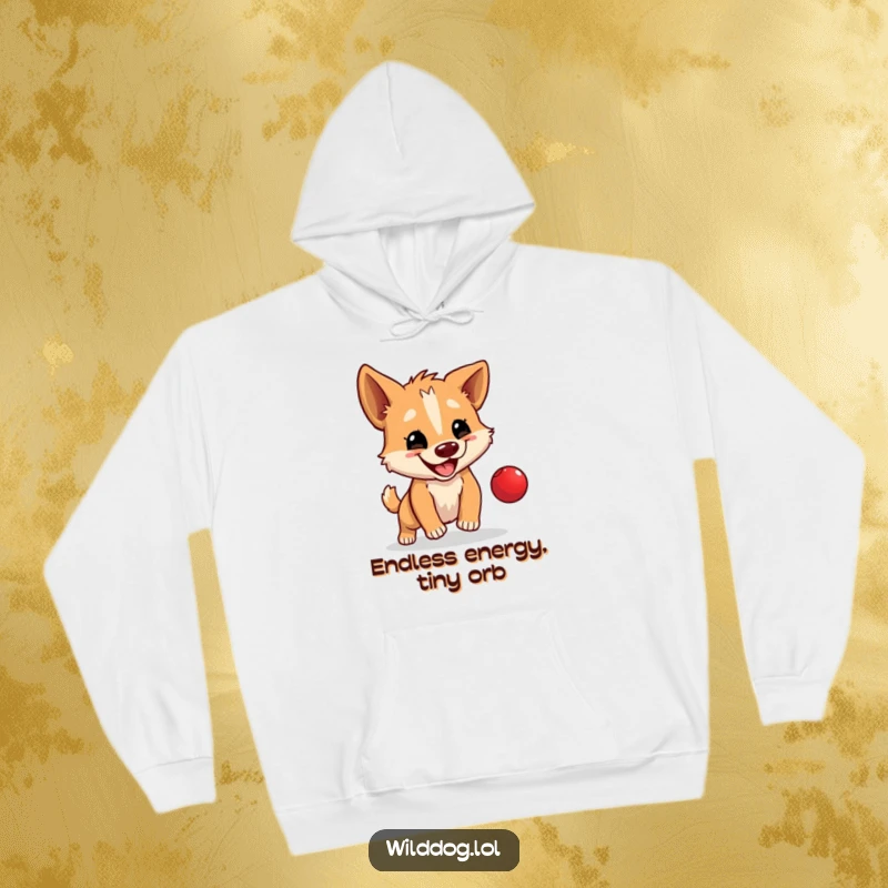 Funny hoodie with a wild dog happily bouncing a tiny red ball, a cozy and playful piece of apparel.