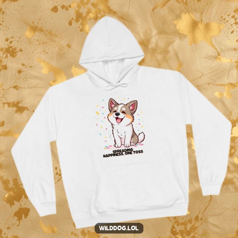 Funny hoodie with a wild dog joyfully scattering colorful confetti, a cozy and festive piece of apparel.