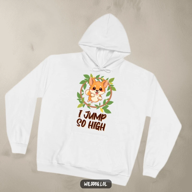 Funny wild dog hoodie showing a playful dog leaping through a leaf hoop, offering warmth and a sense of adventurous spirit.