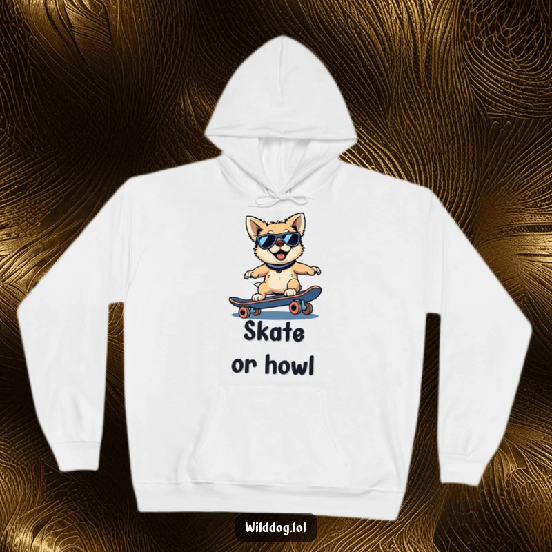 Funny wild dog hoodie featuring a cool dog in sunglasses, riding a skateboard downhill with confidence.