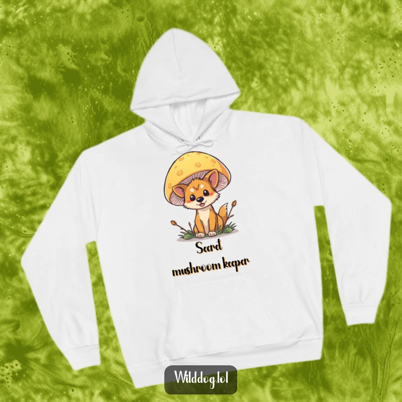 Funny Wild Dog Mushroom Hoodie with a sneaky dog hiding behind a large, vibrant mushroom.