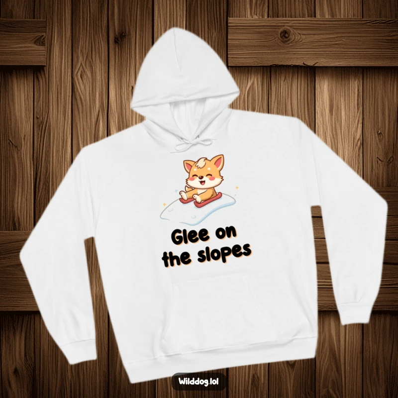 Funny wild dog sliding down a snowy hill with glee, bringing cozy and funny winter vibes. Ideal funny gift hoodie.
