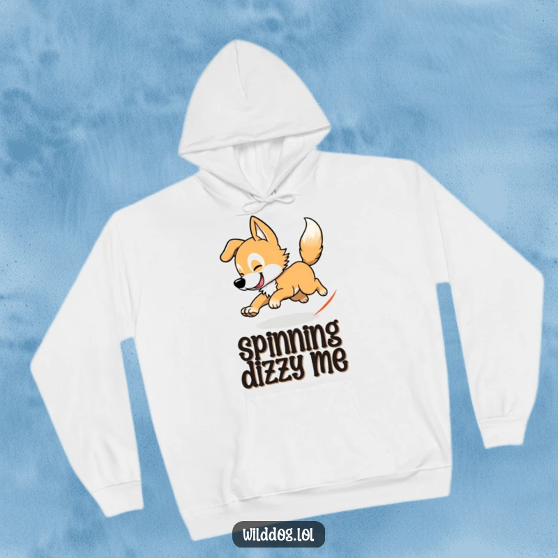 Funny wild dog hoodie showing a dog in mid-chase of its tail, perfect for warm, humorous, and playful lounging.