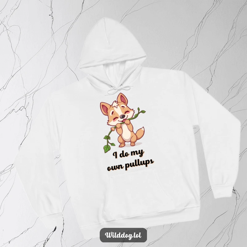 Funny hoodie featuring a wild dog character playfully tugging on a long vine, embodying a spirit of fun and energetic playfulness.