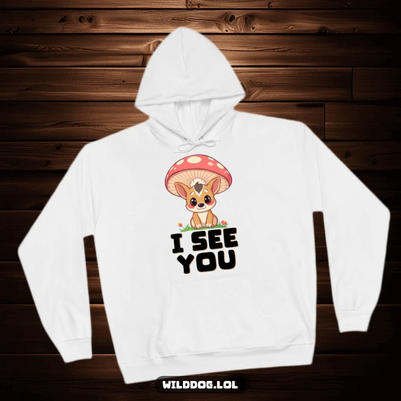 Funny hoodie with a curious wild dog peeking from behind a big, colorful mushroom, offering warmth and a dose of playful mystery.