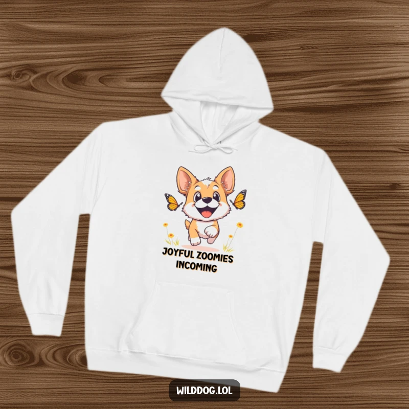 Funny wild dog hoodie featuring a dog with wide, joyful eyes excitedly chasing a butterfly through a field.