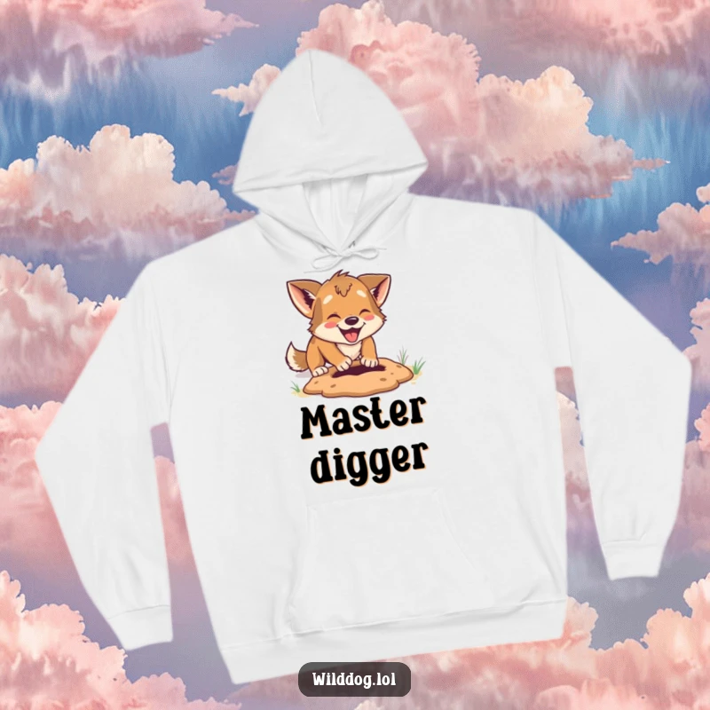 Funny Hoodie: Wild dog digging with great enthusiasm, a humorous and cozy garment for playful souls.