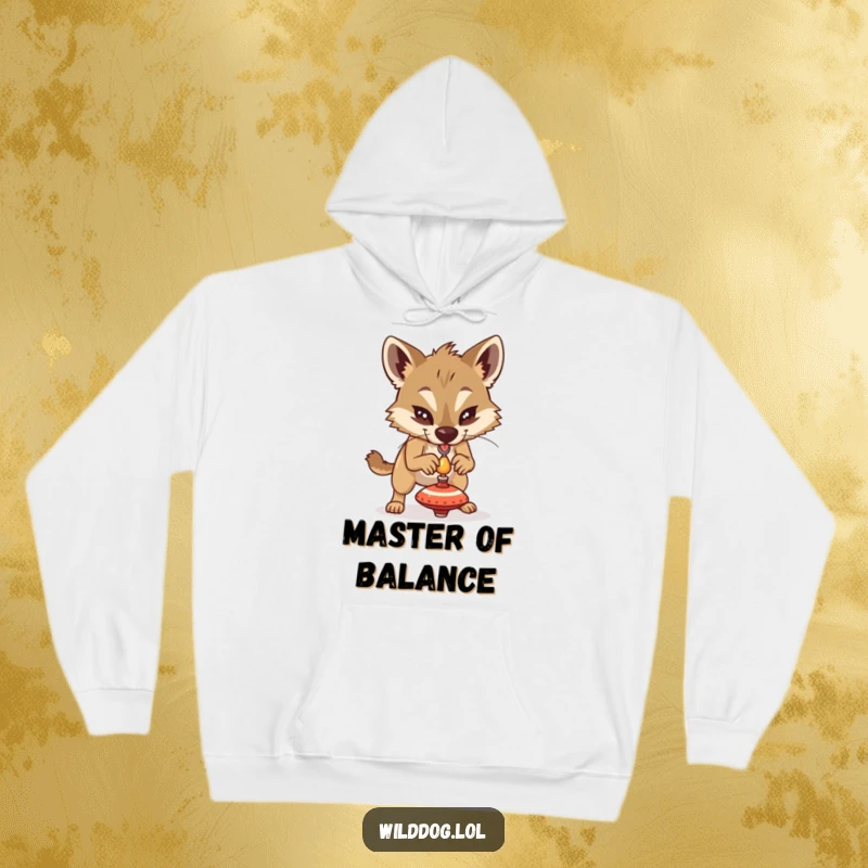 Funny wild dog intensely focused on balancing a tiny spinning top, featured on a warm hoodie for cozy humor.