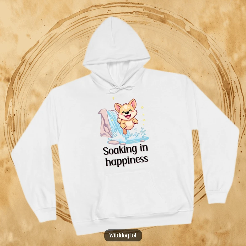 Funny wild dog hoodie featuring a dog leaping through a sparkling waterfall, ideal for cozy adventures.