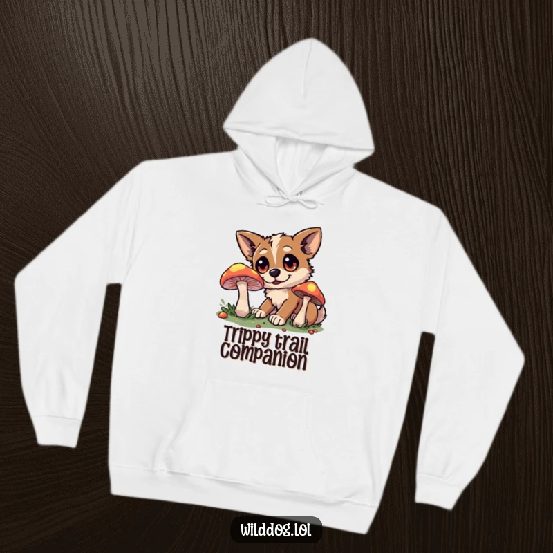 Funny hoodie showing a wide-eyed wild dog investigating a mysterious, glowing mushroom in a dark, enchanting forest.