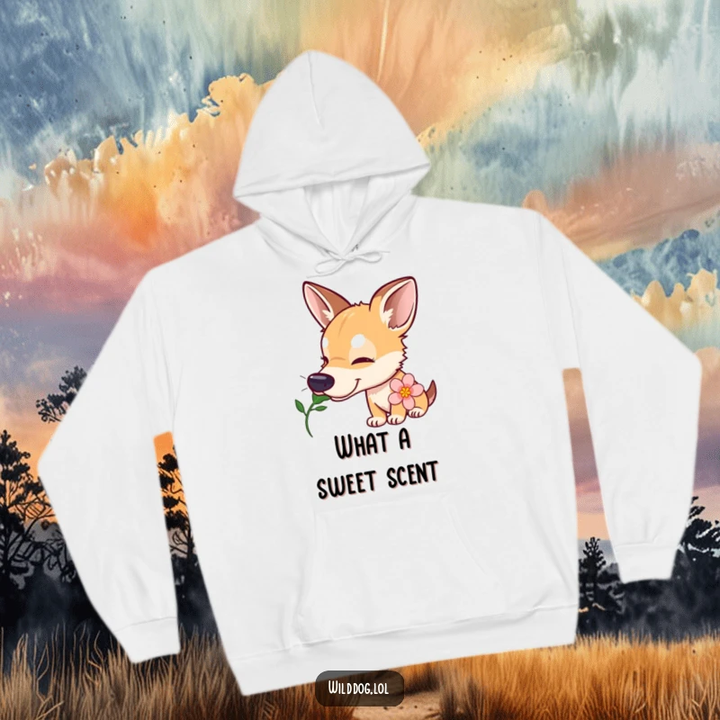 Funny wild dog hoodie showing a curious dog with a tilted head sniffing a flower, offering warmth and a connection to nature.