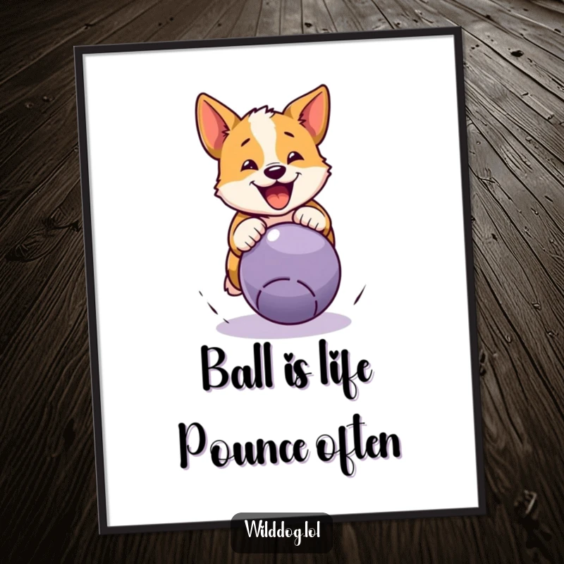 Funny Free Printable Wild Dog Wall Art: A dog character energetically pouncing on a bouncing ball, capturing a moment of pure play.