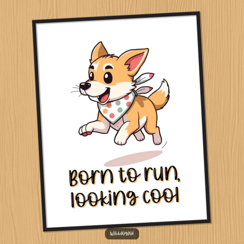Funny Free Printable wall art depicting a cool wild dog in a bandana, running with incredible speed, wind tousling its fur artfully.