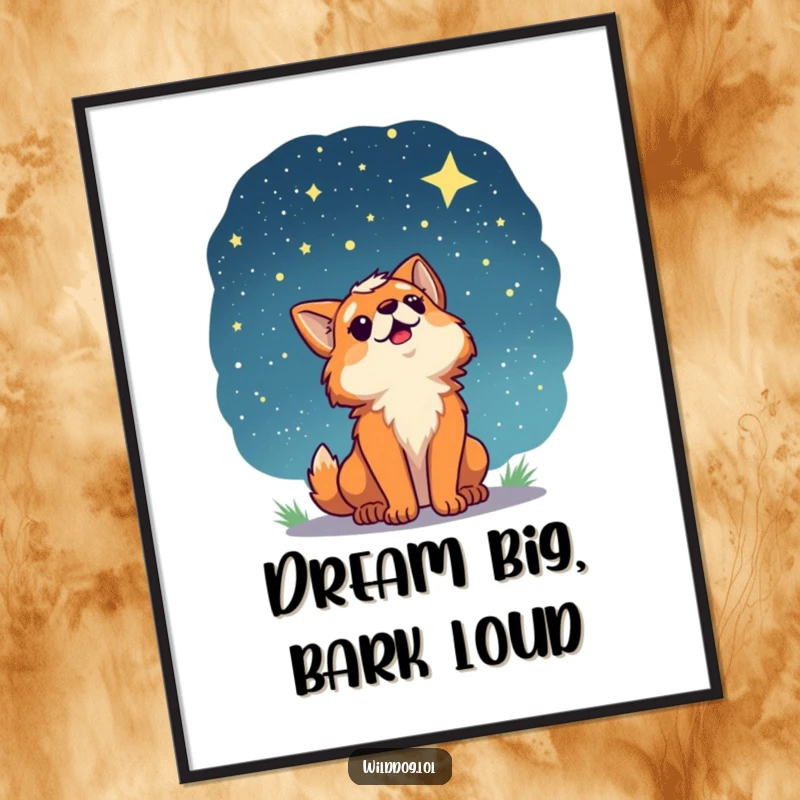 Funny Free Printable Wall Art: A wild dog gazing with awe at a beautiful starry night sky, evoking wonder.