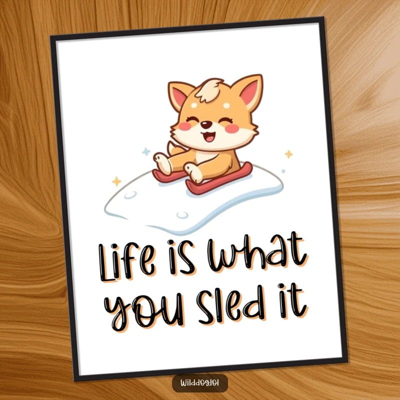 Funny Free Printable Wall Art: Wild dog gleefully sliding down a snowy hill.