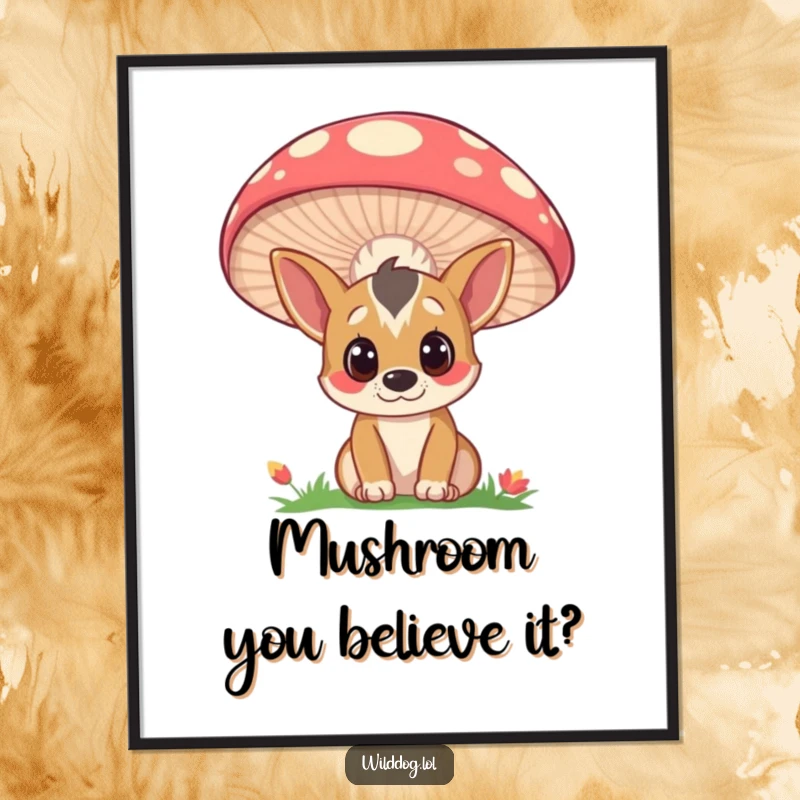 Funny Free Printable Wall Art: A curious wild dog peering from behind a vibrant mushroom, adding a touch of playful mystery.