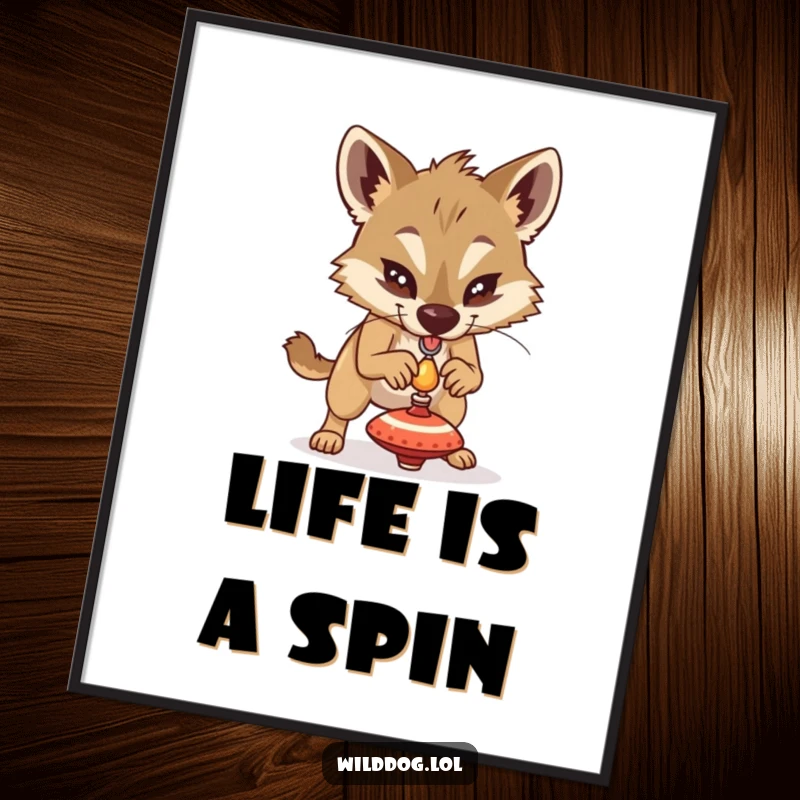 Funny Free Printable Wall Art: Determined wild dog trying to balance a tiny spinning top, with intense concentration and skill.
