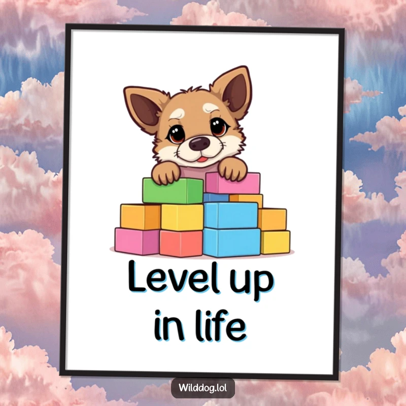 Funny Free Printable Wall Art: Curious wild dog peeking over a giant stack of colorful building blocks, ready for playtime.