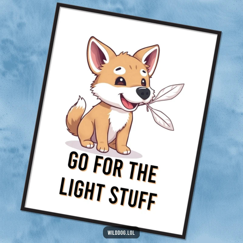 Funny Free Printable Wall Art: Playful wild dog attempting to catch a floating feather with its snout, a moment of pure joy.