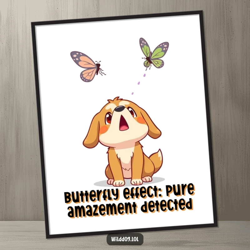 Funny Free Printable Wall Art: A wild dog looks up with comical surprise at a beautiful butterfly floating nearby, capturing a moment of nature's magic.